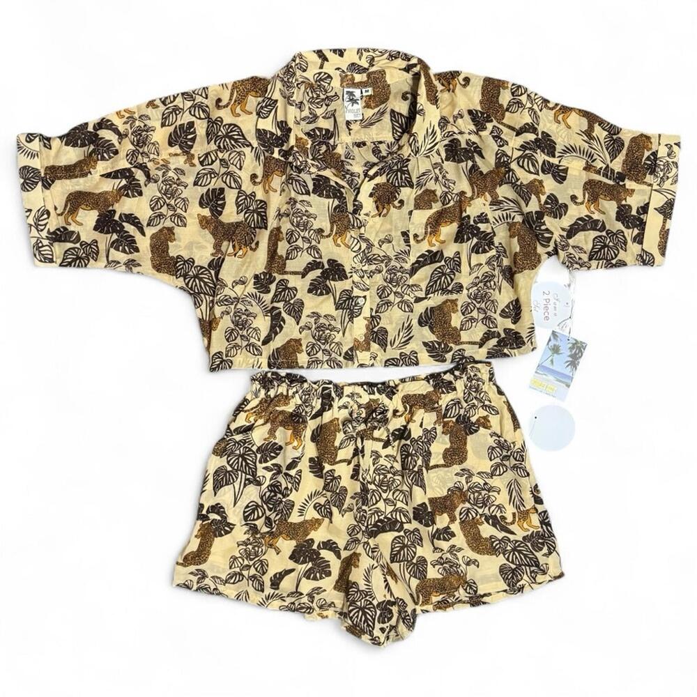 Safari Animal Print 2 Piece Set Crop Button Top Drawstring Shorts M Violet Sky - Picture 3 of 9